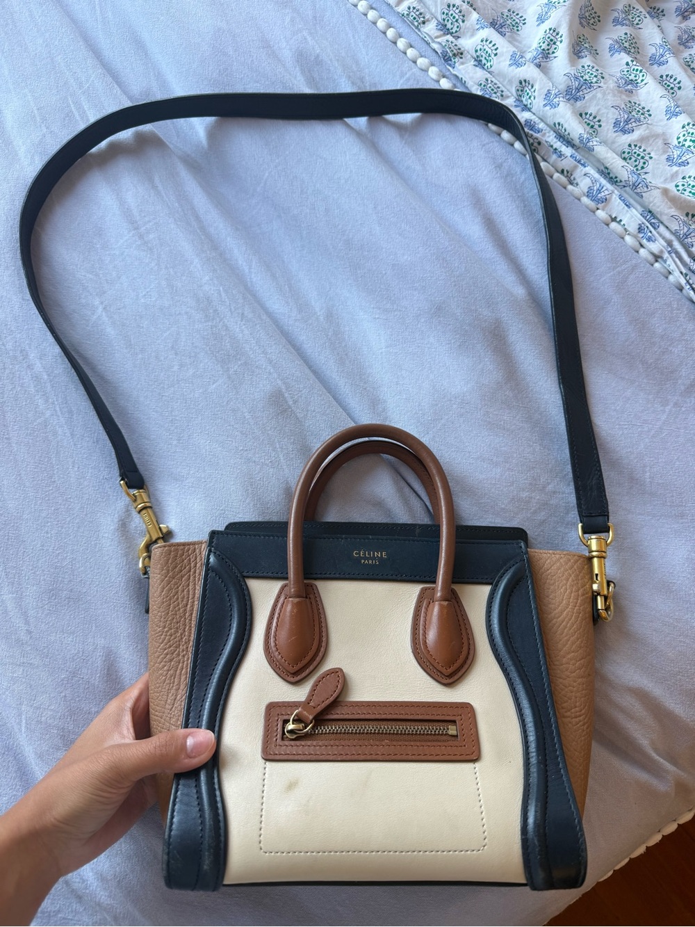 Celine Tri-Tone Nano Luggage Tote in Cream, Black & Brown - Picture 2 of 8